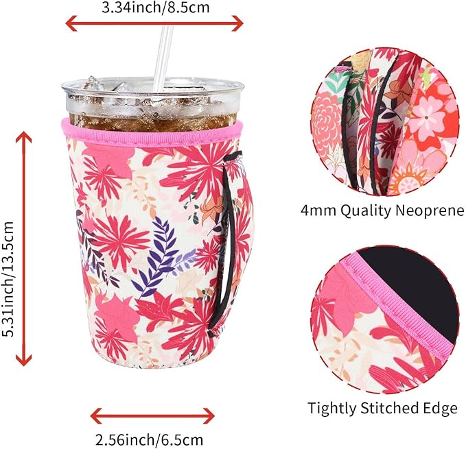 4Pack Reusable Iced Coffee Sleeve Insulator Sleeves for Cold Drinks Beverages, Neoprene Cup Holder for Most Coffee, Fits 22-24oz Medium Cups (Blooming Bright)