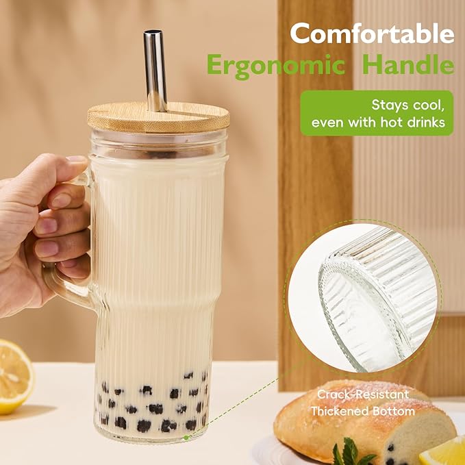 JunVpic 24oz Ribbed Glass Tumbler with Straw and Lid,Glass Cups with Handle,Stainless Steel Straws & Cleaning Brushes – Iced Coffee Cup for Smoothies, Tea, and Gifts, Set of 2