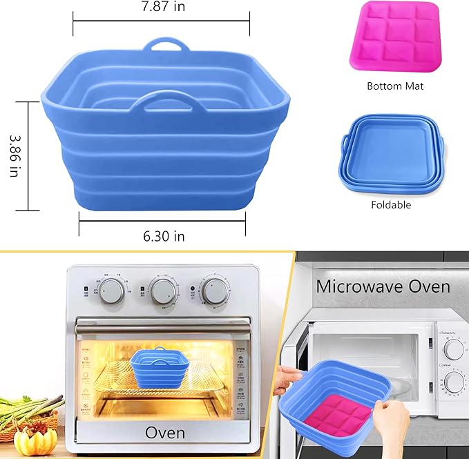 Air Fryer Liners Silicone Basket Reusable Air Fryer Pots for 5-9QT Air Fryer Foldable Easy to Clean Oven Accessories Blue 7.87 Inch