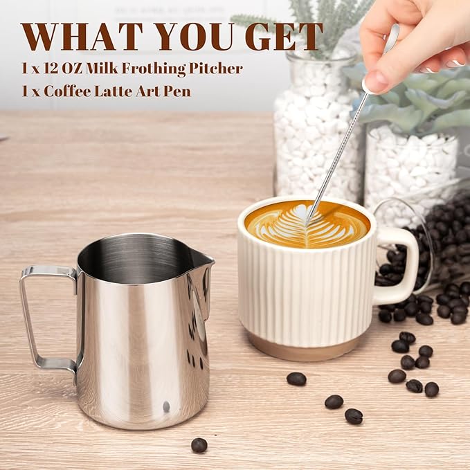 Amrules Milk Frothing Pitcher, 12oz Milk Frother Cup with Clear Scale, 304 Stainless Steel Cappuccino Espresso Machine Accessories for Barista Coffee Bar with Latte Art Pen, Silver