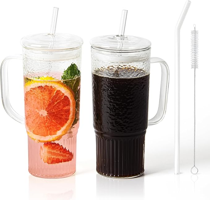 JunVpic Glass Cups with Lids and Straws,24oz Glass Tumbler with Handle Iced Coffee Cup for Coffee,Juice,Tea,Milk,Smoothie,Hot & Cold Drinks (Clear)