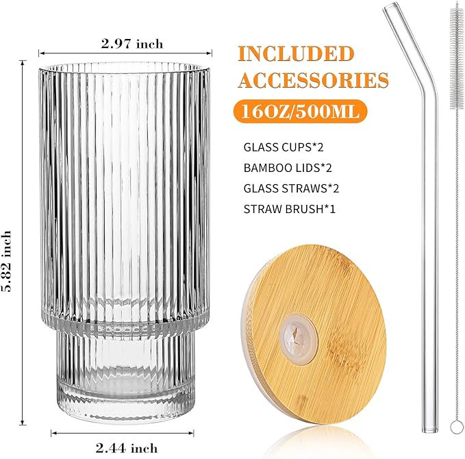 16oz Glass Cups with Lids & Straws, Glass Tumbler with Straw and Lid, Trendy Ribbed Design & Stackable for Iced Coffee/Cold Brew, Perfect for Home/Office by Coffee Lovers & Commuters (16OZ-2PACK)