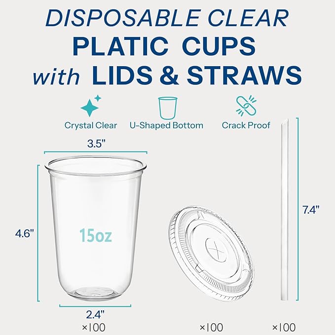 Homestockplus 15 oz Clear PET Plastic Cups with Lids and Straws - 100 Pack Leak-Proof Disposable Plastic Coffee Cups Iced Coffee Cups for Smoothies, Bubble Tea & To-Go Cold Drinks