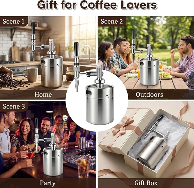 Nitro Cold Brew Coffee Maker, 64oz SS Mini Keg Cold Brew Maker, Nitro Coffee Machine System with Pressure Relief Valve & Stout Creamer Faucet Nitro Keg Coffee Growler for Homebrewing