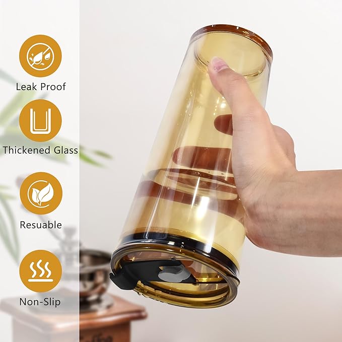 24oz 2 Pcs Glass Cups with Lids and Straws Drinking Glasses Tumbler Leak Proof Iced Coffee Cup Glass for Gift Cold Drink Smoothie Boba Tea(Amber*2)