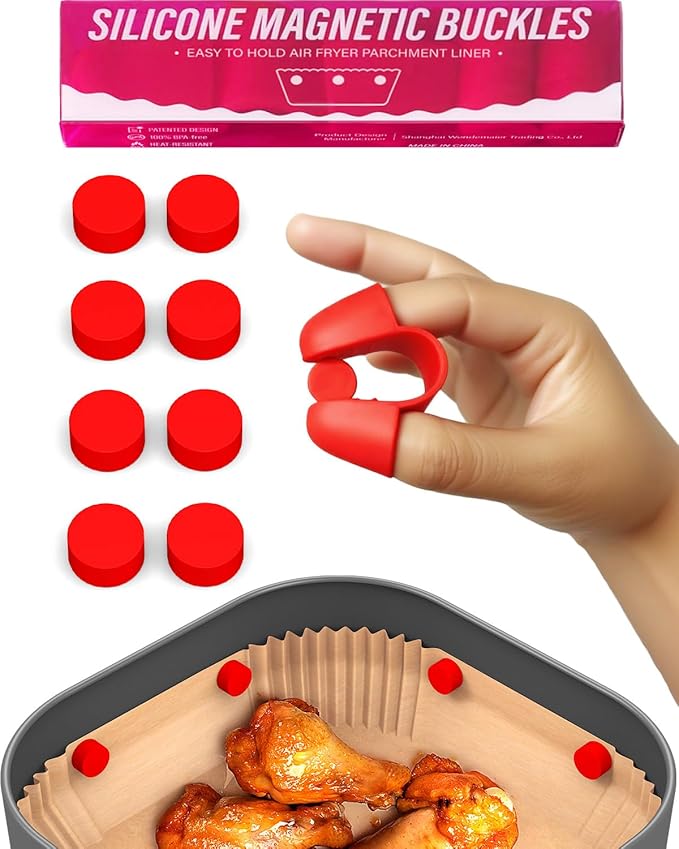 Air Fryer Magnet Silicone Buckles 2 (9 Pack), Hold Parchment Paper Liners, Prevents Paper From Blowing Up and Covering Food, Super Strong Samarium Cobalt Magnet (8+1 Upgraded)