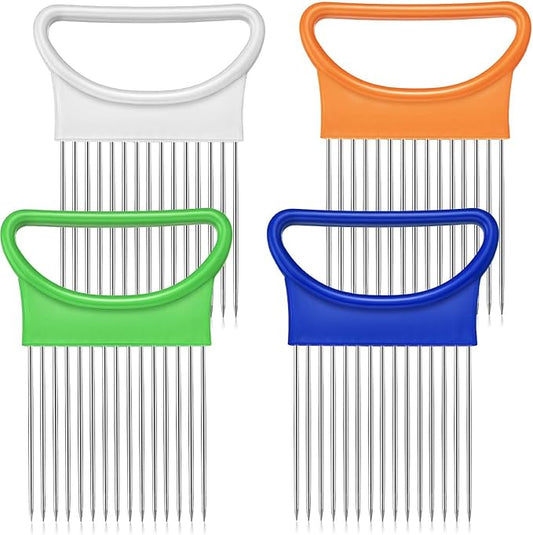 4 Pieces Onion Holder Slicer Stainless Steel Vegetable Tomato Holder Slicer Cutter for Kitchen Worker Safety Cooking Tools, 4 Colors