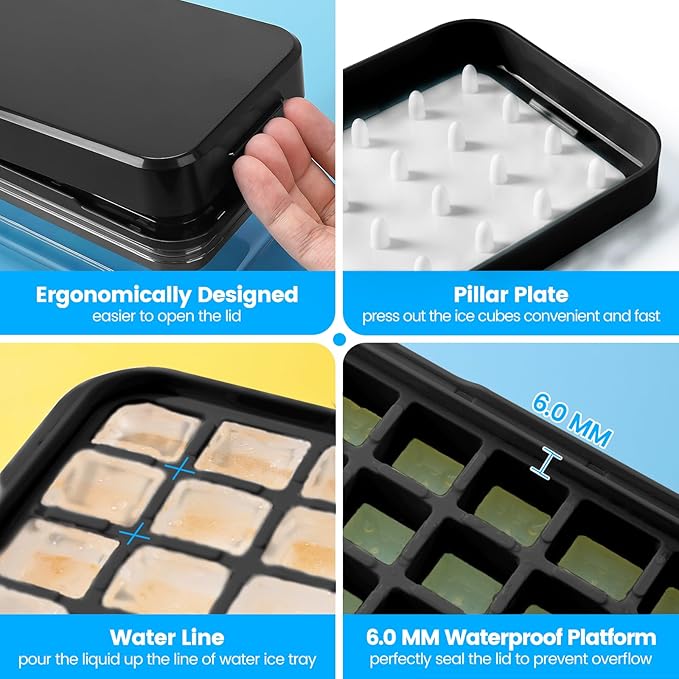 Ice Cube Tray with Lid and Bin, PHINOX 56 pcs Ice Trays for Freezer, Ice Cube Trays for Freezer with 2 trays, Container, Lid & Ice Scoop, BPA Free, Black