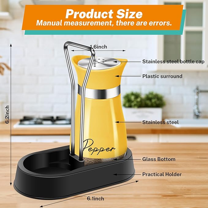 Yellow Salt and Pepper Shakers Set with Holder,4 oz Cute Kitchen Decor and Accessories Farmhouse Gadgets Table Housewarming Gift Thanksgiving Christmas Decor Refillable Design (Yellow)