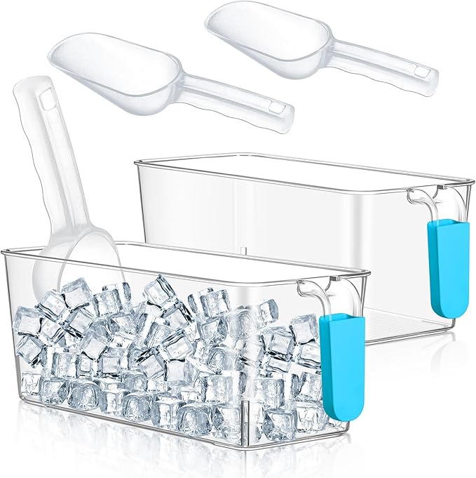 Havawish Ice Storage Bin and Flexible Scoop Set Plastic Freezer Bin with Pull out Handle Storage Bucket Clear for Container with Scoop(Light Blue,10.83 x 4.92 x 4.33 in,Classic)