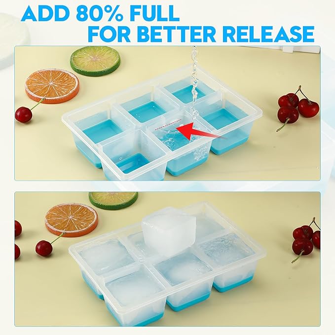 Ice Cube Trays 2 Pack, JRISBO Large Silicone Ice Cube Molds with Leak-Proof Lid, TPE Frame & Easy Release Bottom, Stackable Freezer Ice Trays for Whiskey, Cocktails, Soup, BPA Free (Blue)