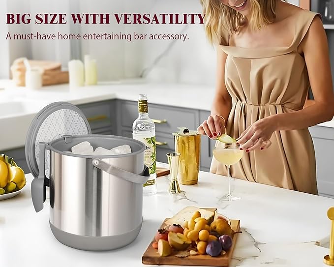 6.8L/7QT Insulated Ice Bucket with Lid & Scoop,Double-Wall Ice Bucket for Parties,Cocktail Bar(Grey)
