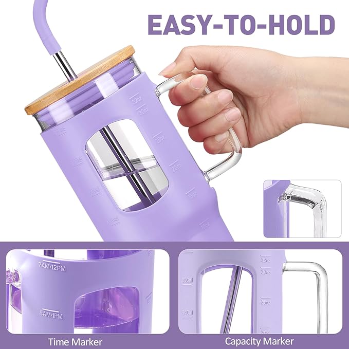 WINSA 32 oz Glass Tumbler with Straw and Lid, Glass Water Bottles with Time Marker, Silicone Protective Sleeve - Purple