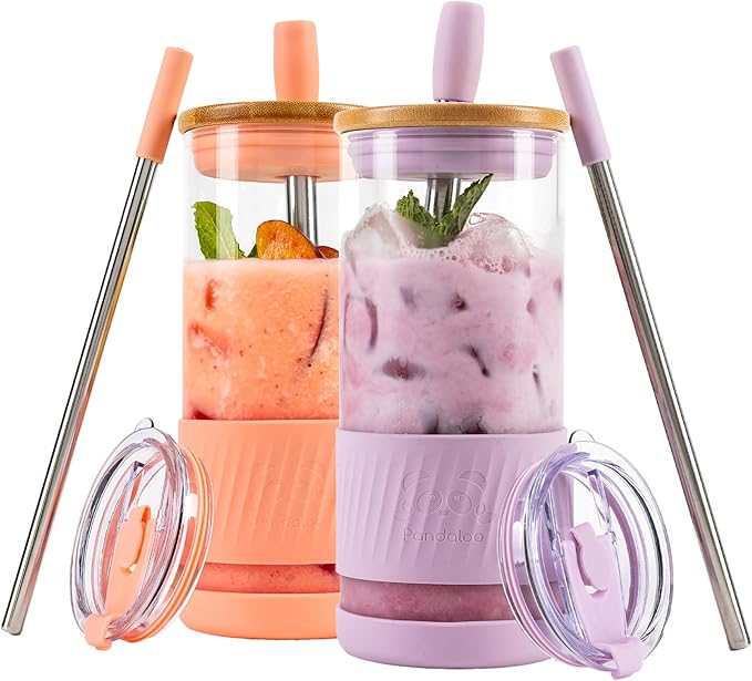 Pandaloo® Glass Cups With Lids and Straws -20 Fl Oz- Perfect Size Iced Coffee Cup - Smoothie Cup With Bamboo Lid and On the go Lid - Glass Tumbler (2 Count (Pack of 1), Peach Fuzz-Lilac Rhapsody)