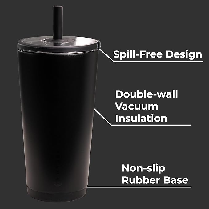 HydroJug Everyday Tumbler 20 oz – Ceramic-Lined Insulated Tumbler with Straw and Soft-Touch Lid, Cup Holder Friendly, Double-Wall Vacuum Insulation, Reusable Travel Cup – Black