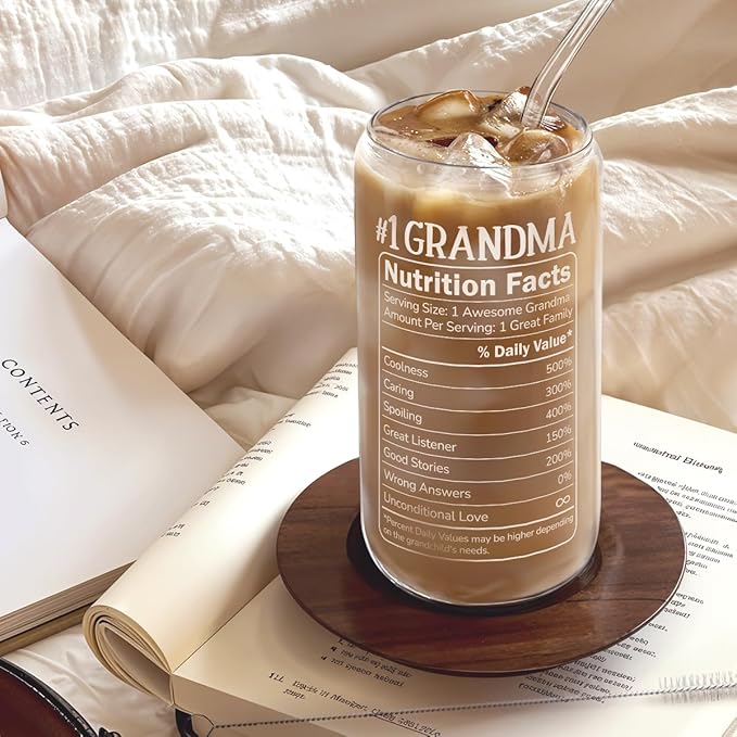 SANDJEST Grandma 16 Oz Can Glass Tumbler with Bamboo Lid and Straw - Iced Coffee Cups for Women, Aesthetic Glass Cup Gift for Grandmother Nana Birthday Christmas Mother's Day