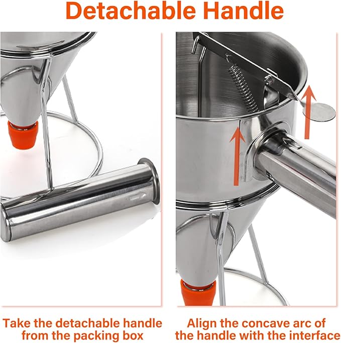 WRINGKIT Stainless Steel Pancake Batter Dispenser, 20 Oz Funnel Cake Dispenser Maker with Stand Squeeze Handle, Multi-Caliber Panckae Pourer for Cupcakes, Donut, Waffle or Baked Goods