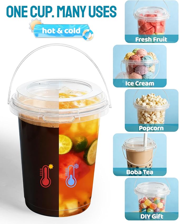 CHONNFEASTT®36PCS Plastic Drink Buckets with Lids and Straws: 700ml/24oz Clear Disposable To Go Iced Coffee Cups Rounded Bottom with Handle for Cocktails, Lemonade, Beach & Pool Party Drink Supplies