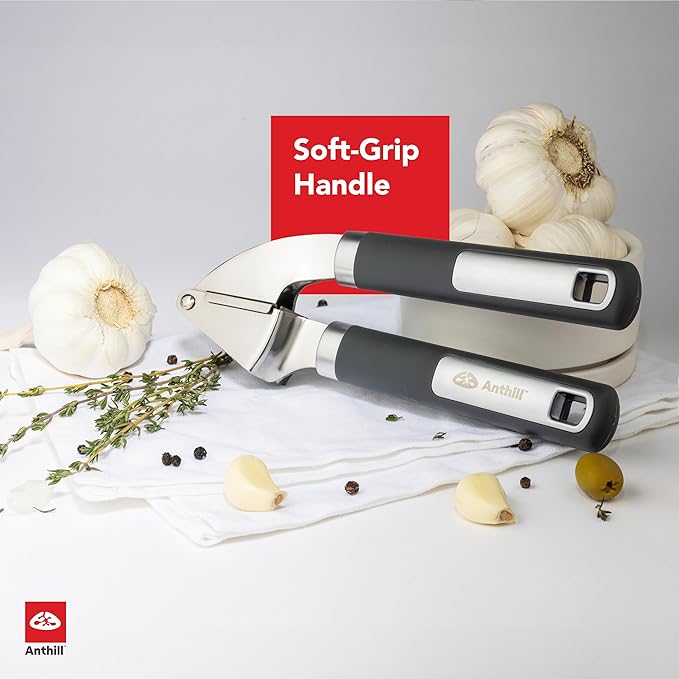 Anthill Premium – Heavy Duty Garlic Press - Stainless Steel – Rust proof – Dishwasher Safe – Garlic Mincer tool – Easy-Clean with Soft Grip Handle – Strong and Durable – Press Garlic with ease (Grey)