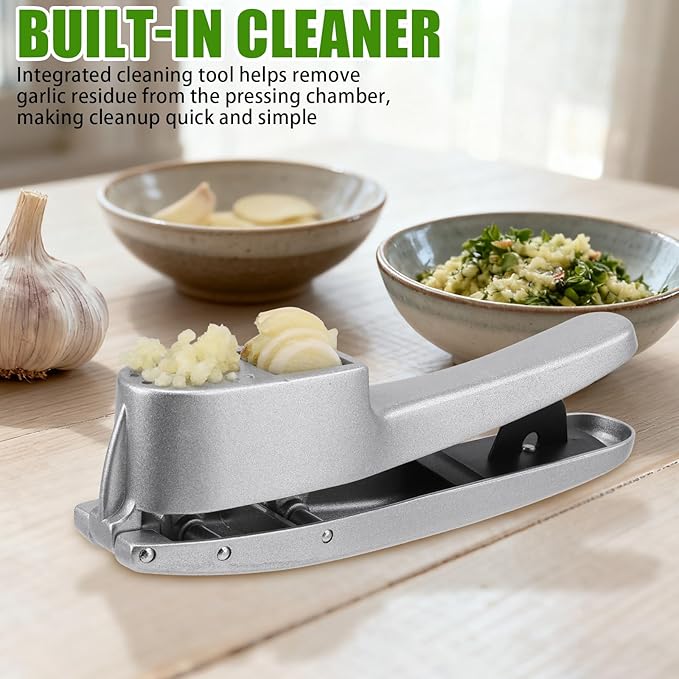 Garlic Press and Peeler Set - Silicone Garlic Peeler Tube Roller and Aluminium Garlic Press with Built-In Cleaning Tool Garlic Crusher, Mincer & Peeler for Unpeeled Garlic Cloves