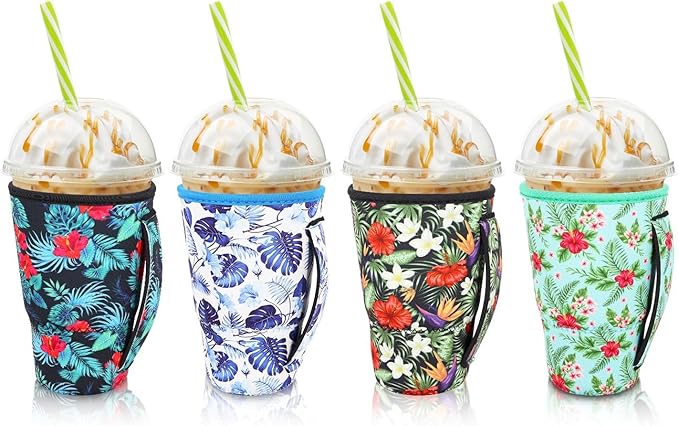 4Pack Reusable Iced Coffee Sleeve Insulator Sleeves for Cold Drinks Beverages, Neoprene Cup Holder for Most Coffee, Fits 30-32oz Large Cups (Tropical Flower)