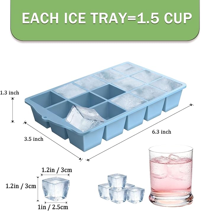 Ice Cube Trays for Freezer, 3 Pack Easy Release Slicone Ice Cube Tray with Lid, BPA Free Stackable Flexible Ice Mold 15 Square Reusable Ice Cubes for Whiskey, Baby Food, Ice Coffee (Pink+Blue+Green)
