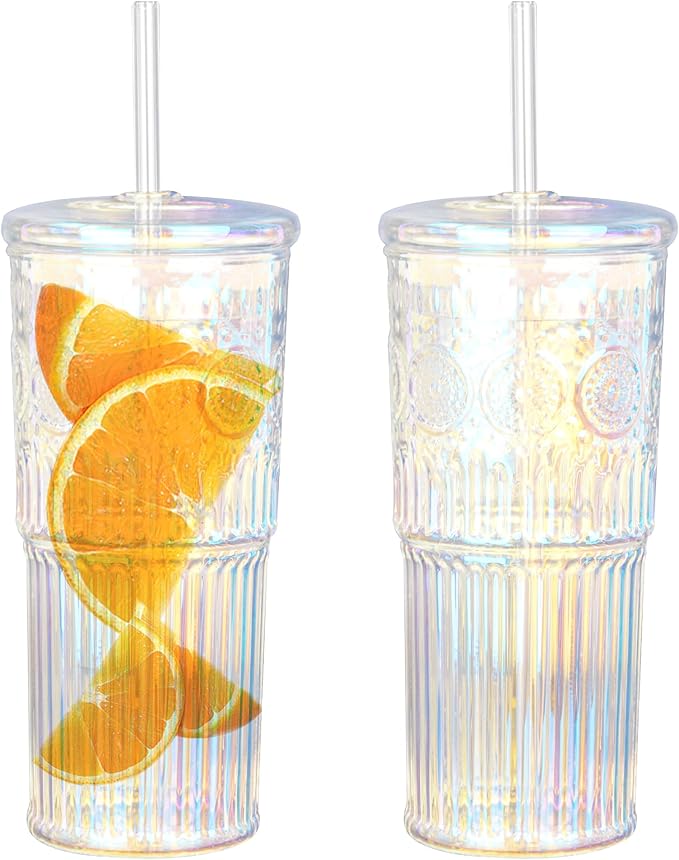 Bandesun All Glass Iced Coffee Cup With Lids and Straws，24 OZ Rainbow High Borosilicate Glass Tumbler for Water Smoothie Juice Drinks