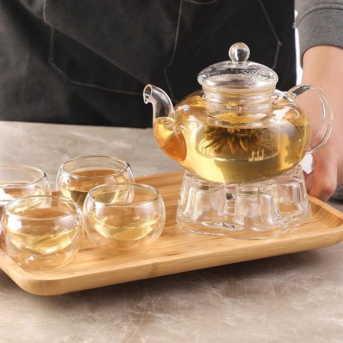 Glass Teapot Set, 34OZ/1000ML Glass Tea Kettle with Loose Tea Infuser & Warmer, 5OZ/150ML Double-Wall Tea Cup Set of 4, Stovetop & Microwave Safe Tea Maker, Blooming Tea Gift Set For Women