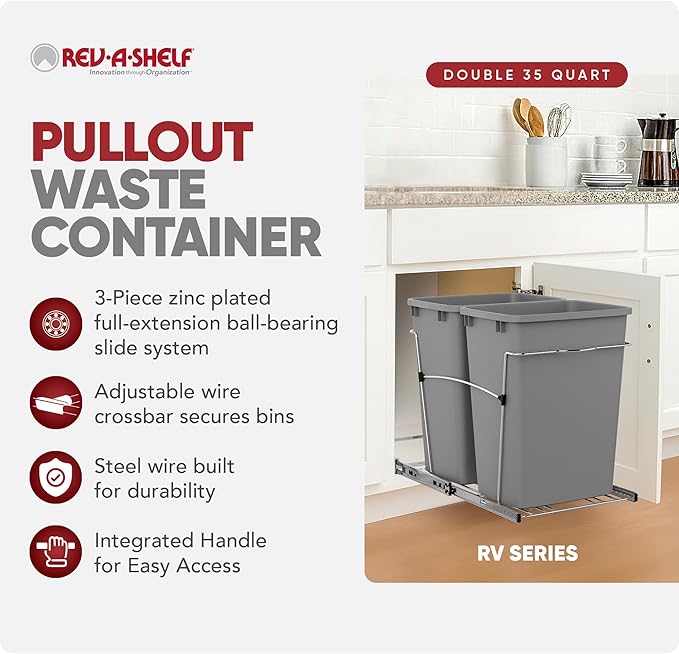 Rev-A-Shelf Double Pullout Trash Can for Kitchen Cabinets 35 Qt Garbage Recycling Bin on Full-Extension Slides, Silver, RV-18KD-17C S