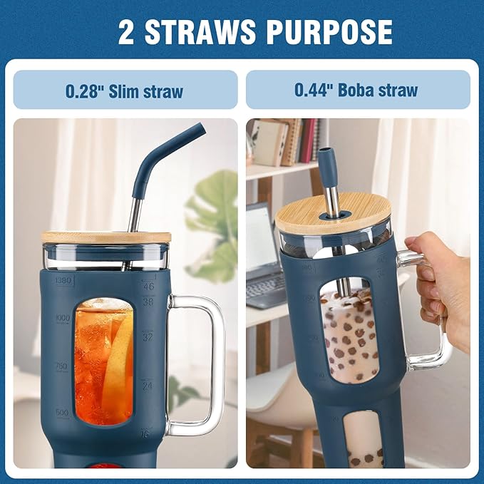 WINSA Glass Tumbler with Lid and Straw, 46 oz Iced Coffee Cup with Handle, Large Water Bottles with Silicone Sleeve, Glass Cup with Straws - Pearl Straw & Drinking Straw BPA Free-Blue