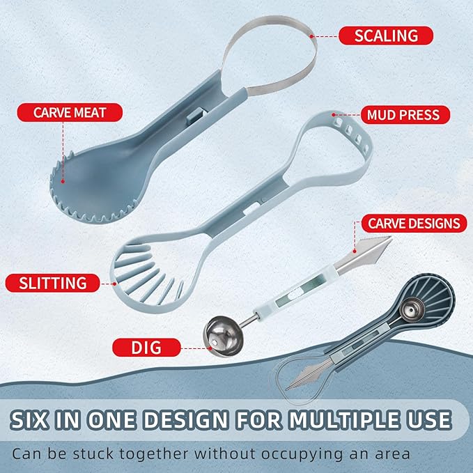 6-in-1 Melon Fork Slicer Cutter, Melon Baller Scoop Set, Watermelon Slicer Tool, Stainless Steel Fruit Cutter, Seed Remover, Fruit Fork for Camping Kitchen Gadgets (6-in-1-blue)