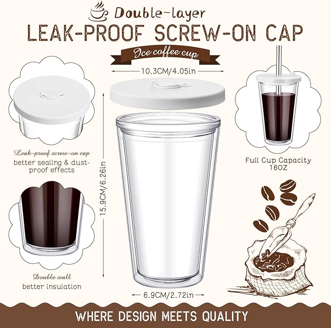 Honeydak 2 Pack 16 oz Reusable Iced Coffee Cups with Lids and Straws Leakproof Double Wall Insulated Clear Plastic Iced Coffee Tumblers with Straw Brushes