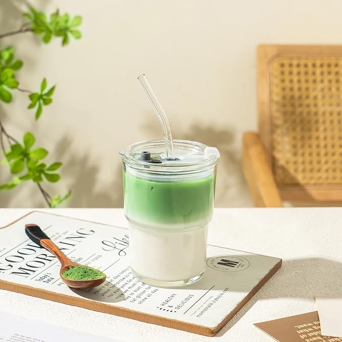 Olvini 13oz Glass Tumbler with Straw and Lid, Reusable Iced Coffee Cup Tumbler, Cute Glass Cups for Water, Matcha, Travel Coffee Mugs (Clear)