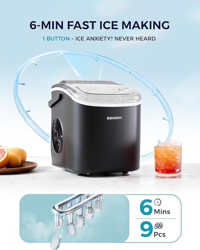 EUHOMY Countertop Ice Maker Machine with Handle, 26.5lbs Per Day, 9 Ice Cubes Ready in 6 Mins, Auto-Cleaning Portable Ice Maker with Basket and Scoop, for Home/Kitchen/Camping/RV (Black)