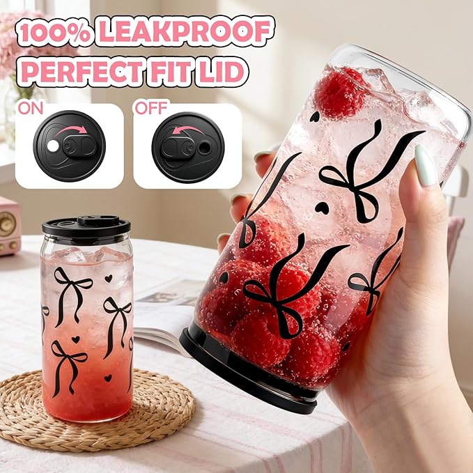 Mason Life Bow Glass Cup 18 OZ with Designs, Black Bow Cup for Preppy Stuff, Cute Tumbler with Straw Cover & Keychain for Women Teen Girls Iced Coffee, Matcha and Smoothies