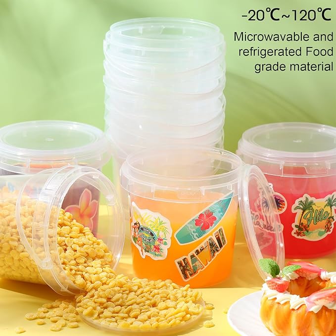 PerKoop 20 Pcs 32 oz Ice Cream Buckets with Lids and Handles Clear Cocktail Rum Buckets with Stickers Plastic Transparent Tub Reusable Food Storage Containers for Parties(Sea)