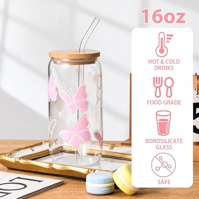 ANABIUP Butterfly Cute Glass Cups with Lids and Straws, Aesthetic Iced Coffee Cup, Girly Preppy Design Tumbler Mug, Birthday, Valentines, Teen Girl Gifts Trendy Stuff