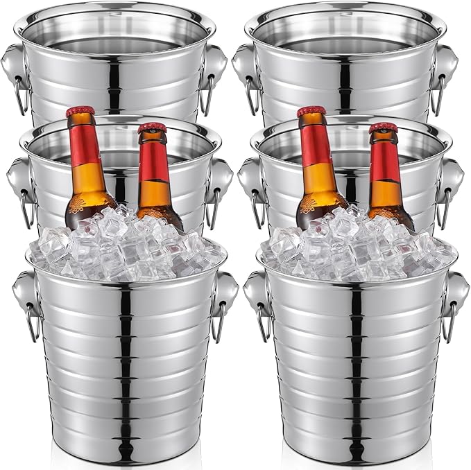 Pinkunn 6 Pack Stainless Steel Champagne Bucket 3 Qt Metal Ice Bucket Double Wall Wine Buckets with Handles Party Beverage Chiller for Champagne Beer Cocktail Wine Drinks Home Bar Accessories (Silver)