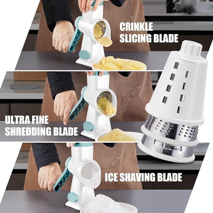 KEOUKE Rotary Cheese Grater Pro 6 in 1 - Shredder Crinkle Slicer Grinder Ice Shaver, Stable Suction, Time-saving Easy Use & Clean, Safe Morden Kitchen Tool for Cheese, Vegetable, Nuts, Chocolate