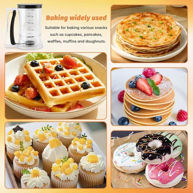 4 Cup Pancake Batter Dispenser with Cupcake Scoop Batters Dispenser,Pancake Waffl Mix Dispenser with Squeeze Handle & Measuring Marks,for Cupcake,Muffins, Crepes & Cupcakes(black)