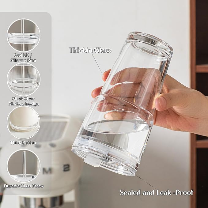 INSETLAN 20oz Glass Tumbler with Glass Straw and Lid, Set of 4 - Thickened Ice Coffee Cup, Glass Cup with Lid and Straw for Smoothie, Tea, Milk, Whiskey, Water and More – Elegant & Durable