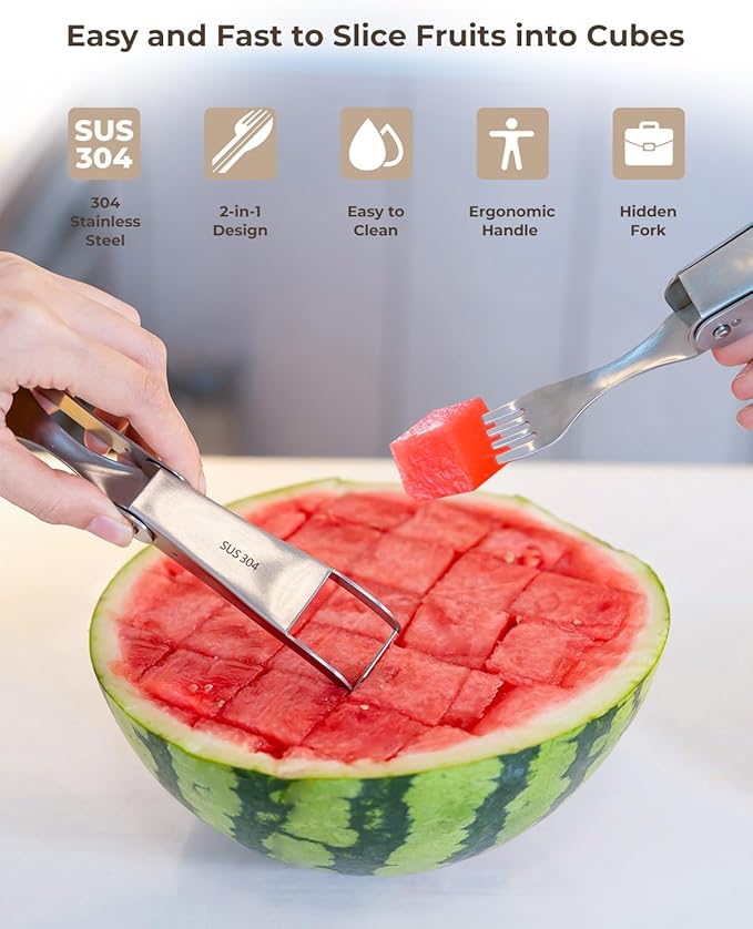 CripsTaste Watermelon Cutter with Retractable Fork, 2-in-1 Stainless Steel Fruit Cutter Watermelon Cutter Slicer Tool, Melon Slicer Cutter Tool for Home Party Camping Kitchen Gadget