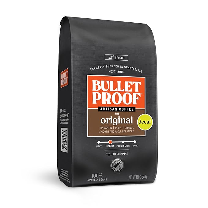 Bulletproof Original Medium Roast Ground Decaf Coffee, 12 Ounces, 100% Arabica Coffee, Clean Coffee Tested for Toxins
