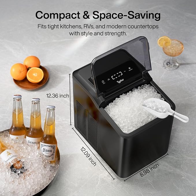 Typhur Fast Nugget Ice Maker, Chewable Pebble Ice Machine Countertop with Self-Cleaning Pump & 8-Pack Cleaners, 35lbs/24H Crushed Ice for Kitchen, Bar, RV, Outdoor (Black Stainless Steel)