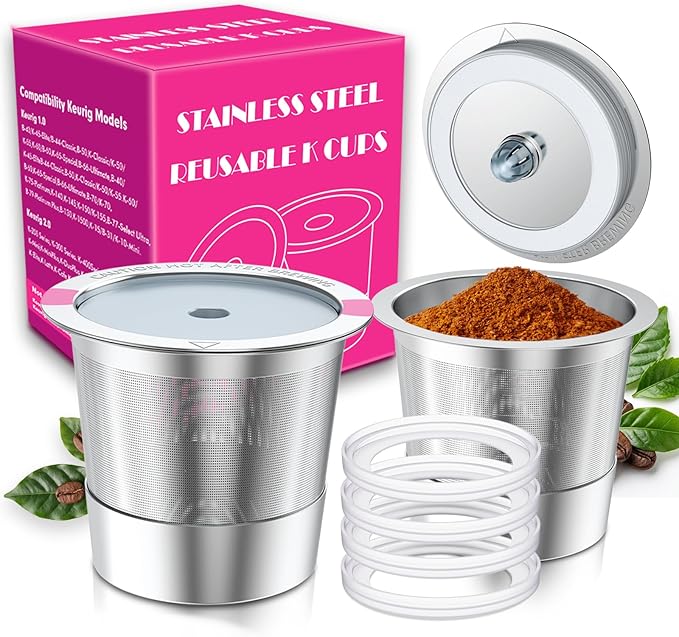 Reusable K Cups for K eurig 1.0 & 2.0 Coffee Makers, 1-Hole Stainless Steel Reusable Coffee Pods, Refillable K Cup Filter for K-Mini/Express/Classic/Elite, Leak Proof, BPA Free, Easy to Clean, 2 Pack