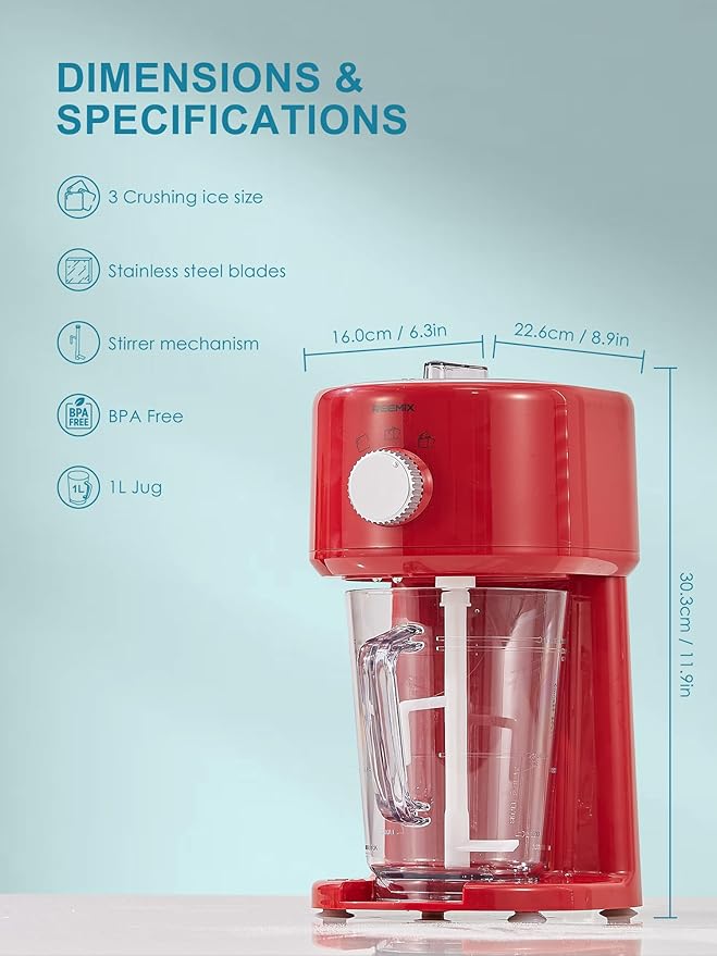 Reemix Shaved Ice Machine, Electric Ice Shaver and Snow Cone Machine with Large Capacity Storage, Portable Ice Crusher Ice Thickness Can be Adjusted (Red)