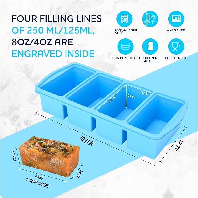 ZIP STANDING Silicone Freezer Trays with Lid,1-cup Soup Freezer Container large Ice Cube Molds with Reinforced Steel Ring Top for freezing Soup Sauce Broth Leftovers oven Dishwasher -Safe(2-Pack)