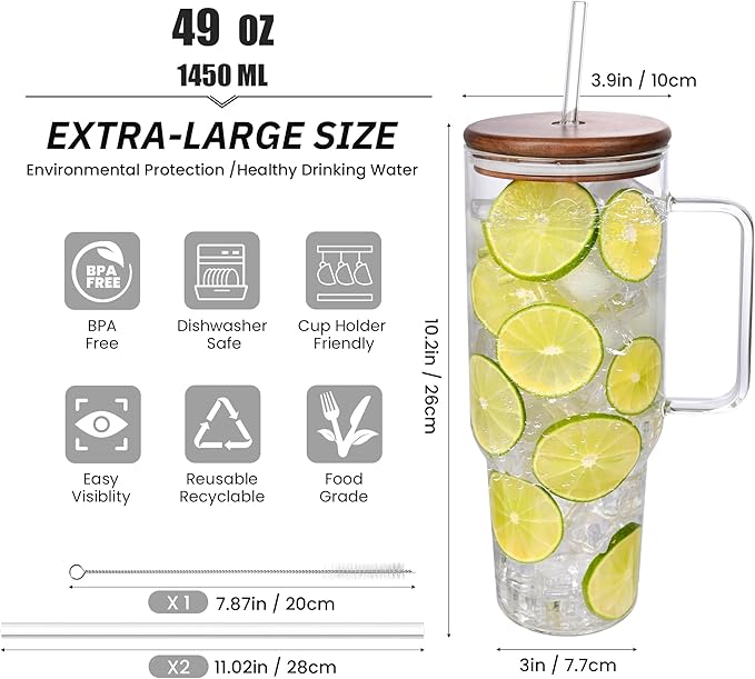 49oz Glass Tumbler with Acacia Wood Lid & Dual Straws, Large Cup with Handle and Straws Glasses Water Bottle Mason Jar Wide Mouth Iced Coffee Cups Travel Mug for Water,Juice,Smoothie,Bubble Tea,Soda