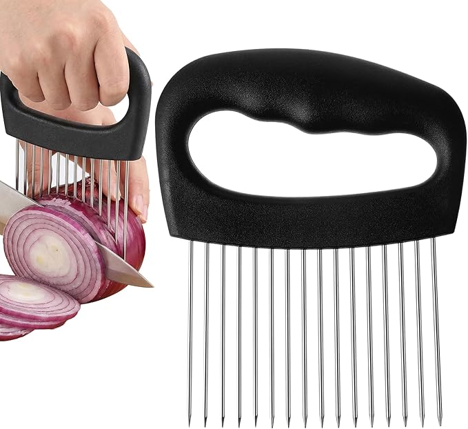 Extra Large Onion Holder for Slicing Tomato Slicer With 16 Long Needles Cutter Onion Slicer Holder Vegetable Chopper Tomato Potato Meat Tenderizer Stainless Steel Black