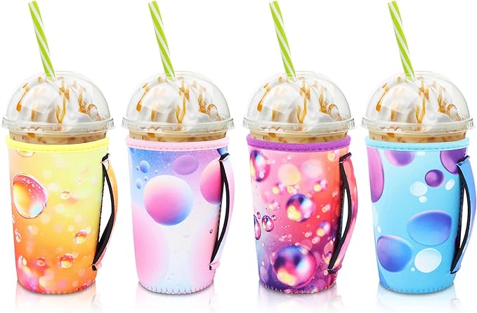 4Pack Reusable Iced Coffee Sleeve Insulator Sleeves for Cold Drinks Beverages, Neoprene Cup Holder for Most Coffee, Fits 22-24oz Medium Cups (Gradient with Handle)